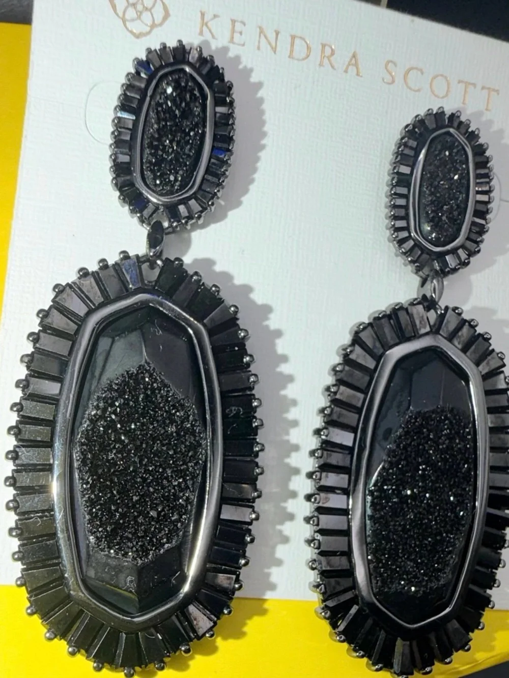 Kendra Scott Black Drusy Statement Earrings Gold Rare Retired Luxe Glam Bold - Picture 7 of 8